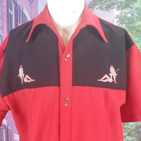 Hibiscus Pizza Other - Shoulder Angel Martini Button Casual Shirt, Large